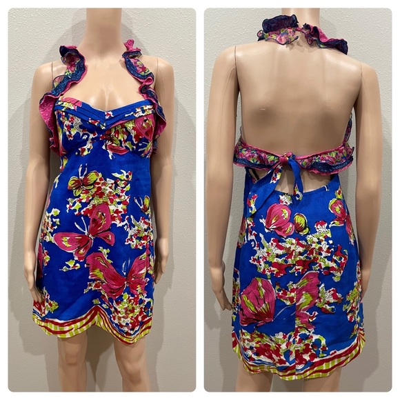 Nanette Lepore Ruffle Halter Butterfly Floral Tie Back Mini Dress 6 - Picture 1 of 5